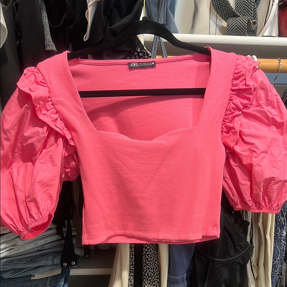 Zara hot Pink Ruffled Crop Blouse
